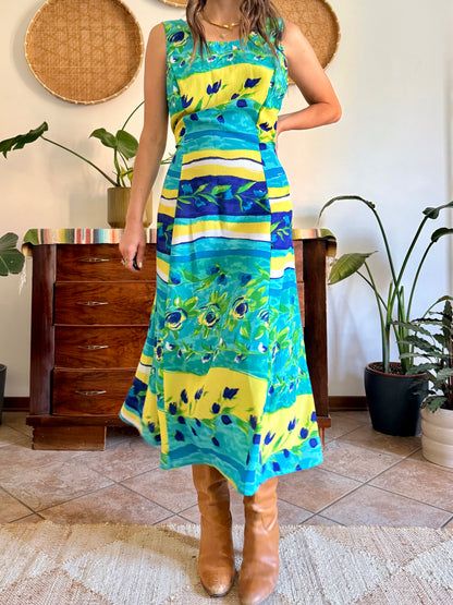 1990's vintage turquoise, yellow and green floral print maxi dress.