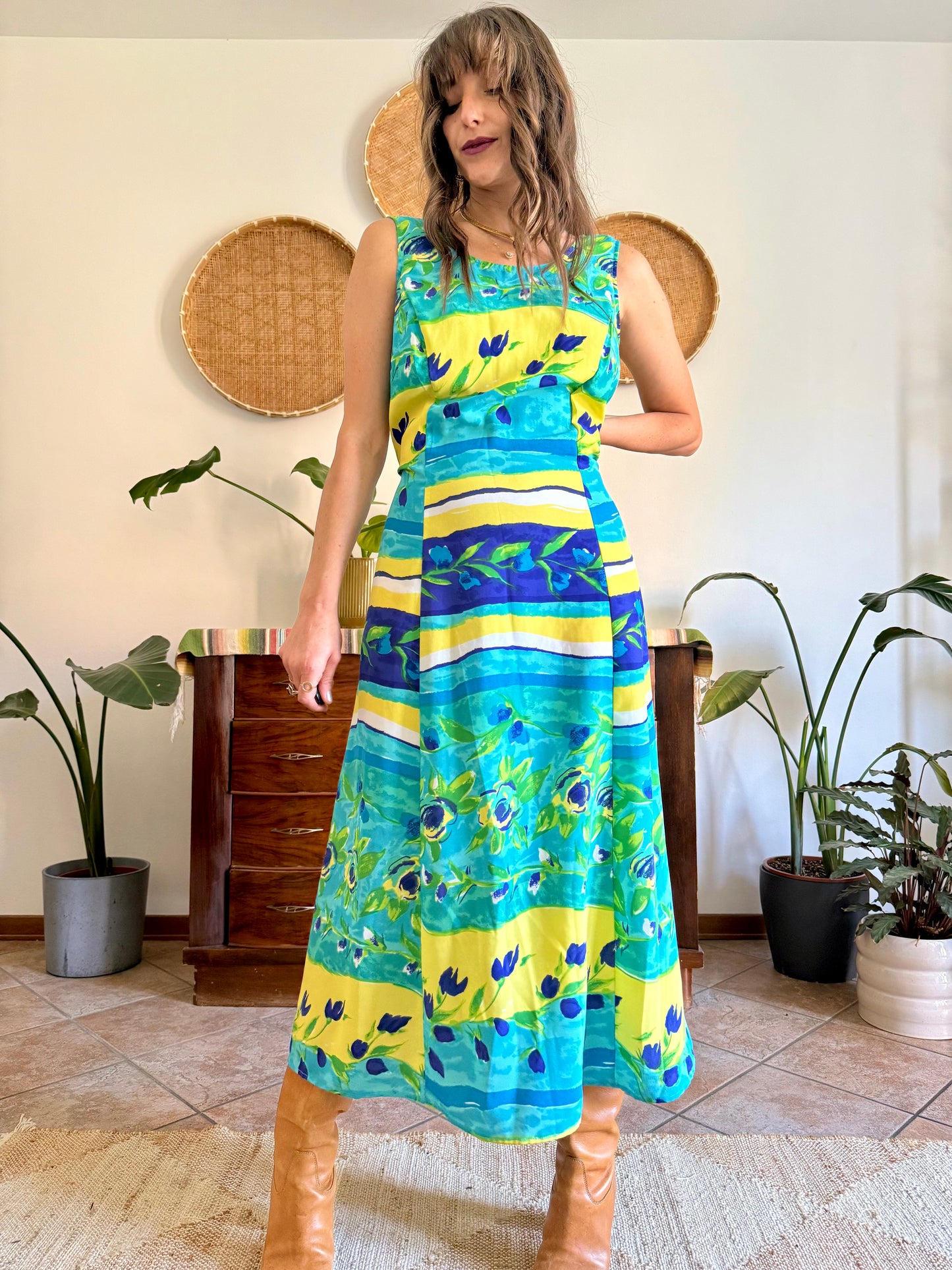 1990's vintage turquoise, yellow and green floral print maxi dress.