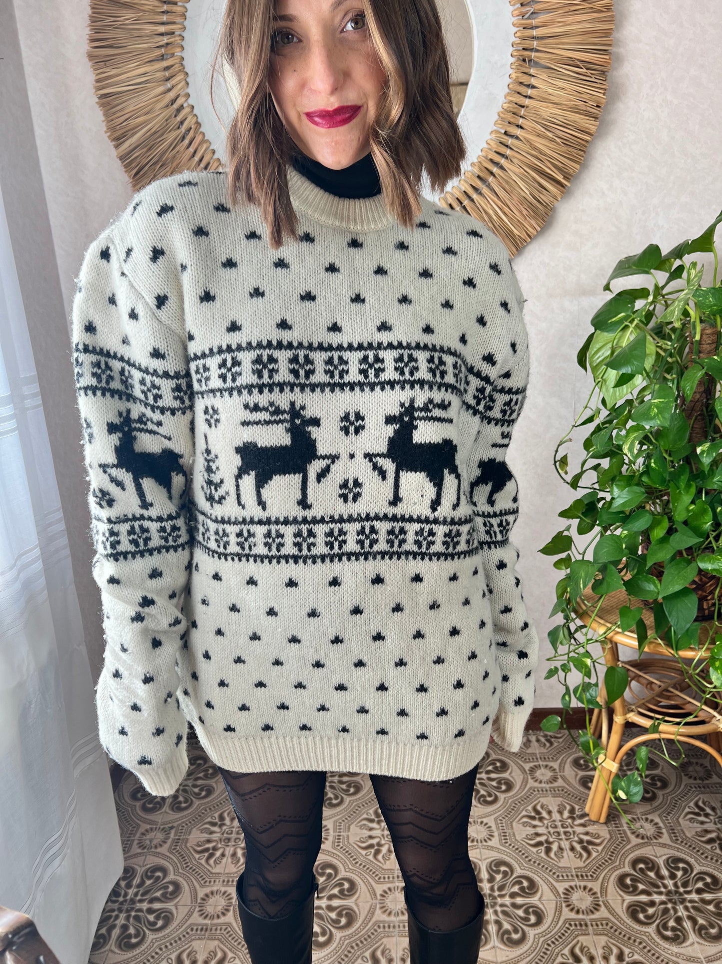 1980's vintage black and cream oversize reindeer wool knit pullover