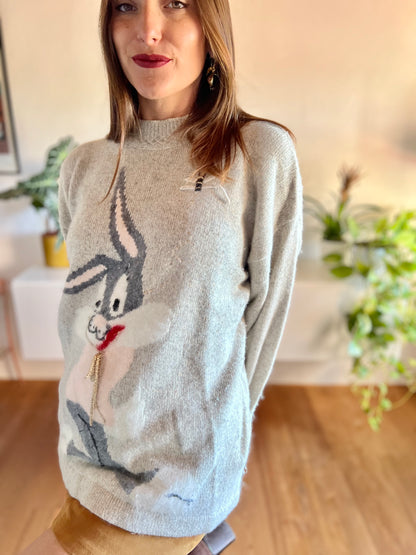 1980's vintage angora blend grey pullover with bunny rabbit