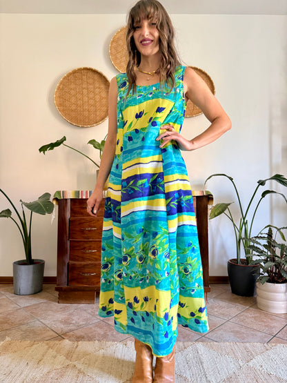 1990's vintage turquoise, yellow and green floral print maxi dress.