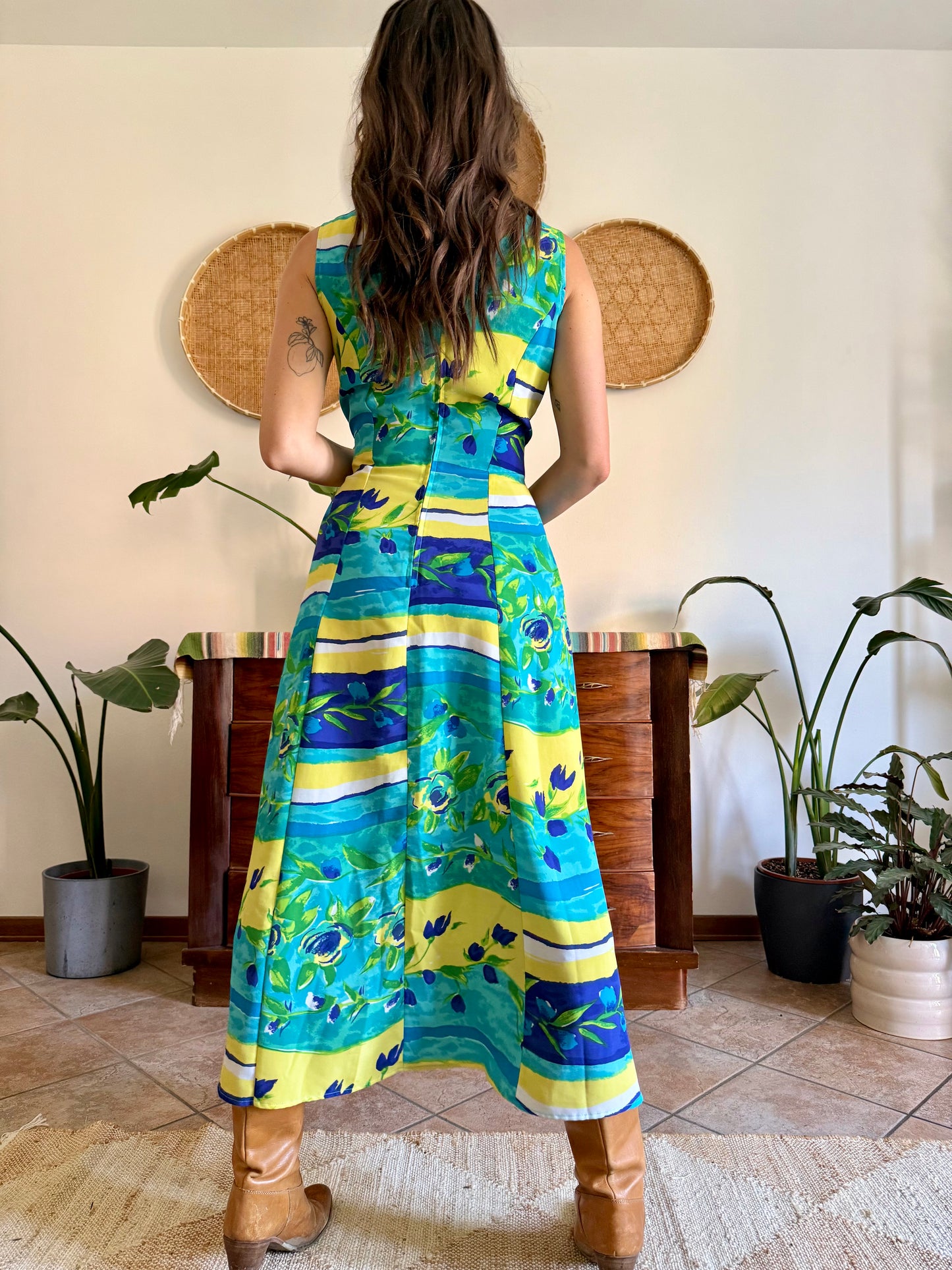1990's vintage turquoise, yellow and green floral print maxi dress.