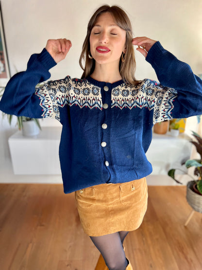 1970's vintage blue and red hand knit wool cardigan