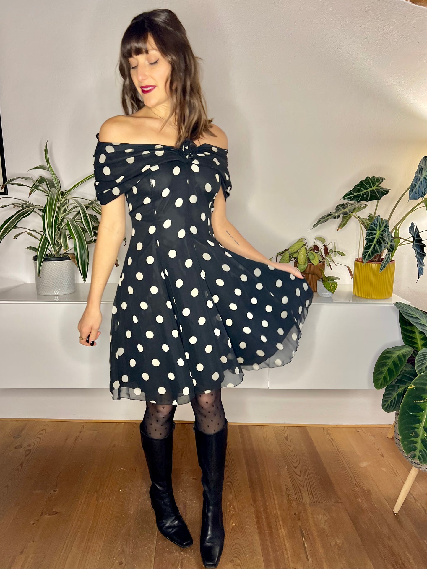 1980's vintage black and white polkadot off the shoulder ruffle mini dress