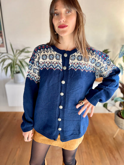 1970's vintage blue and red hand knit wool cardigan