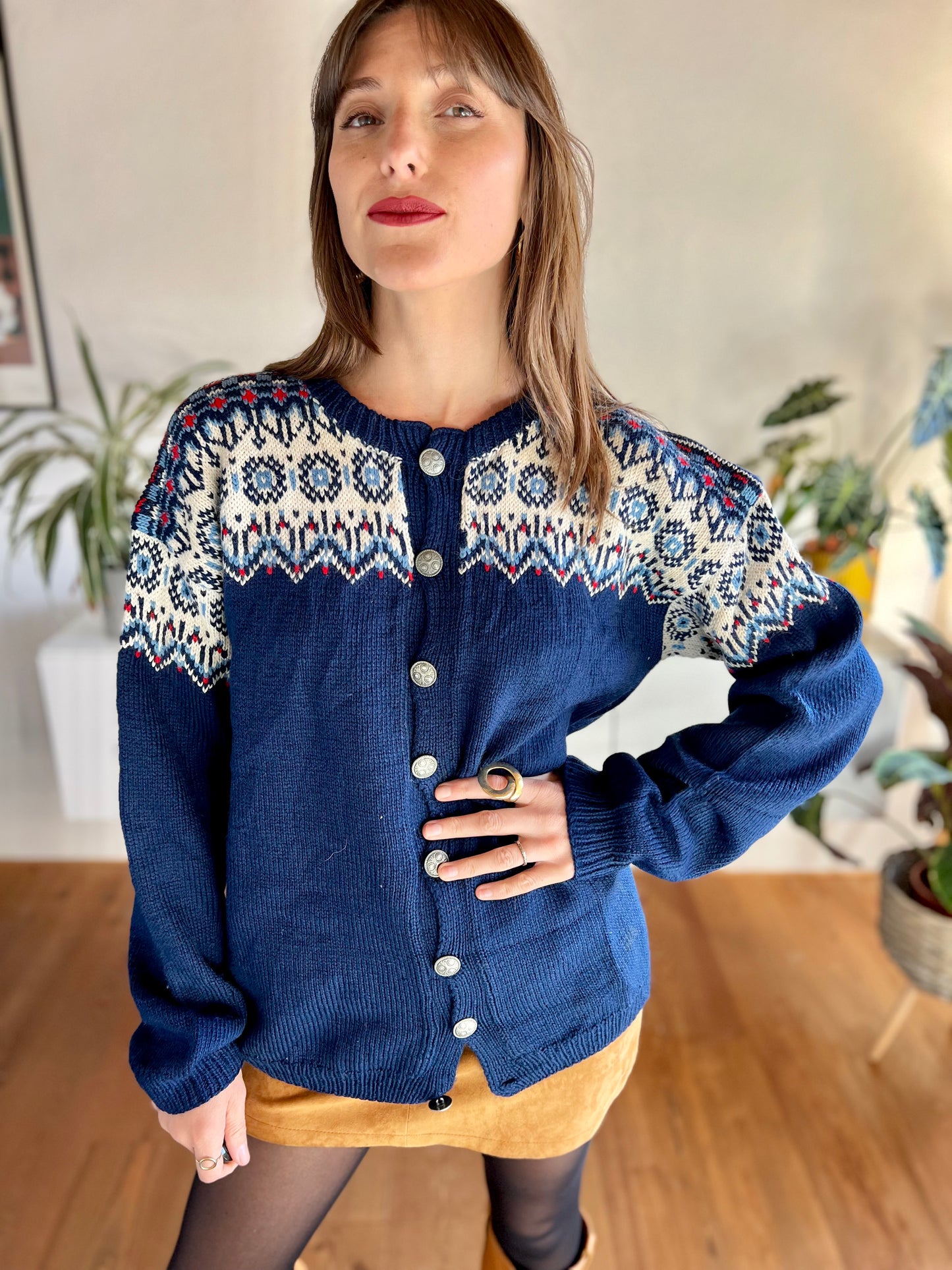 1970's vintage blue and red hand knit wool cardigan