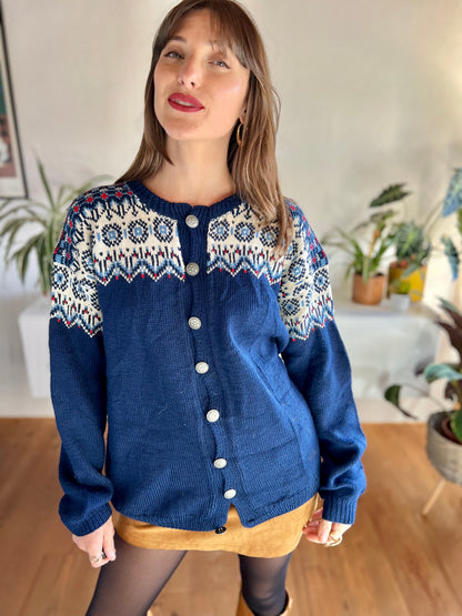 1970's vintage blue and red hand knit wool cardigan