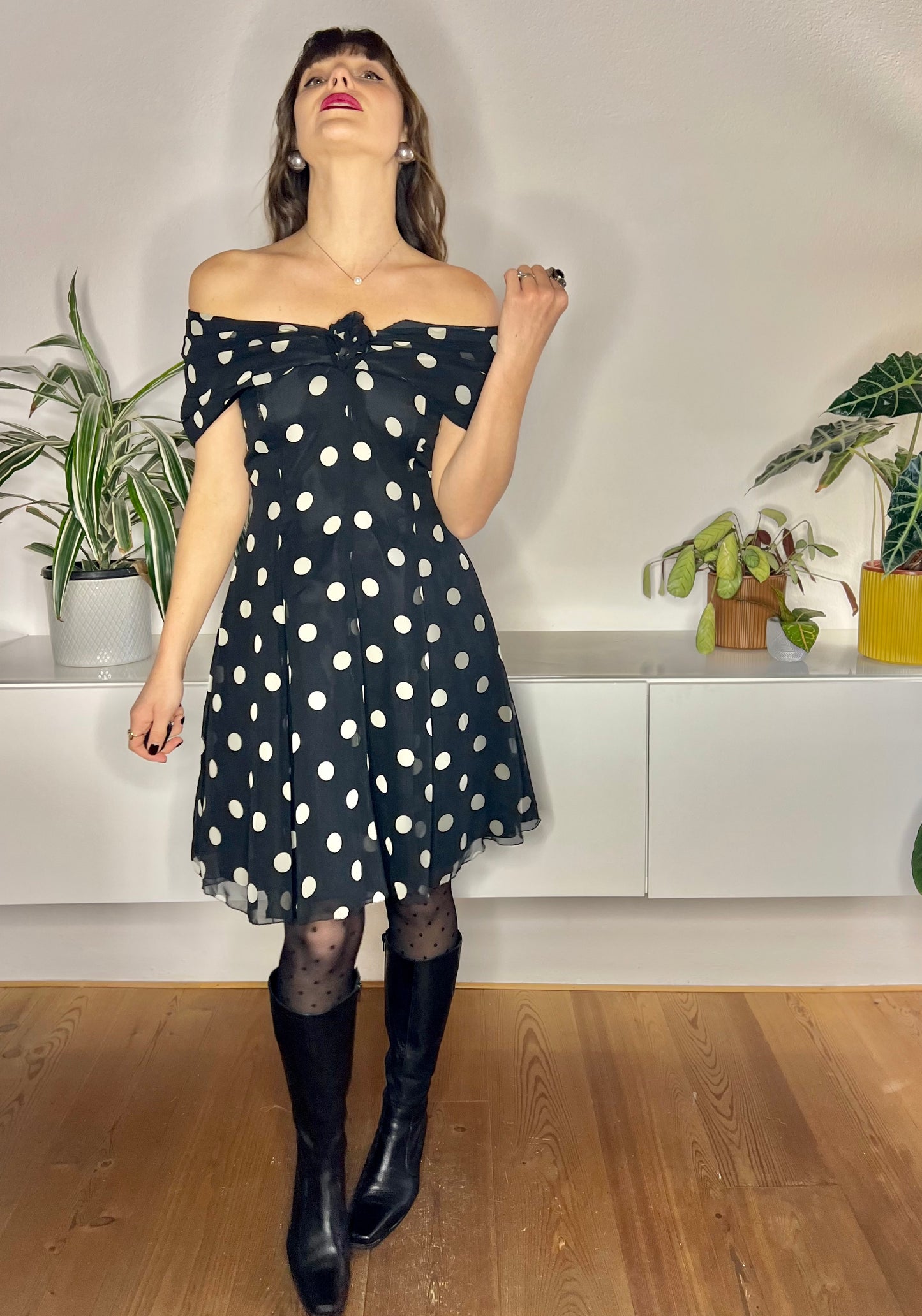 1980's vintage black and white polkadot off the shoulder ruffle mini dress