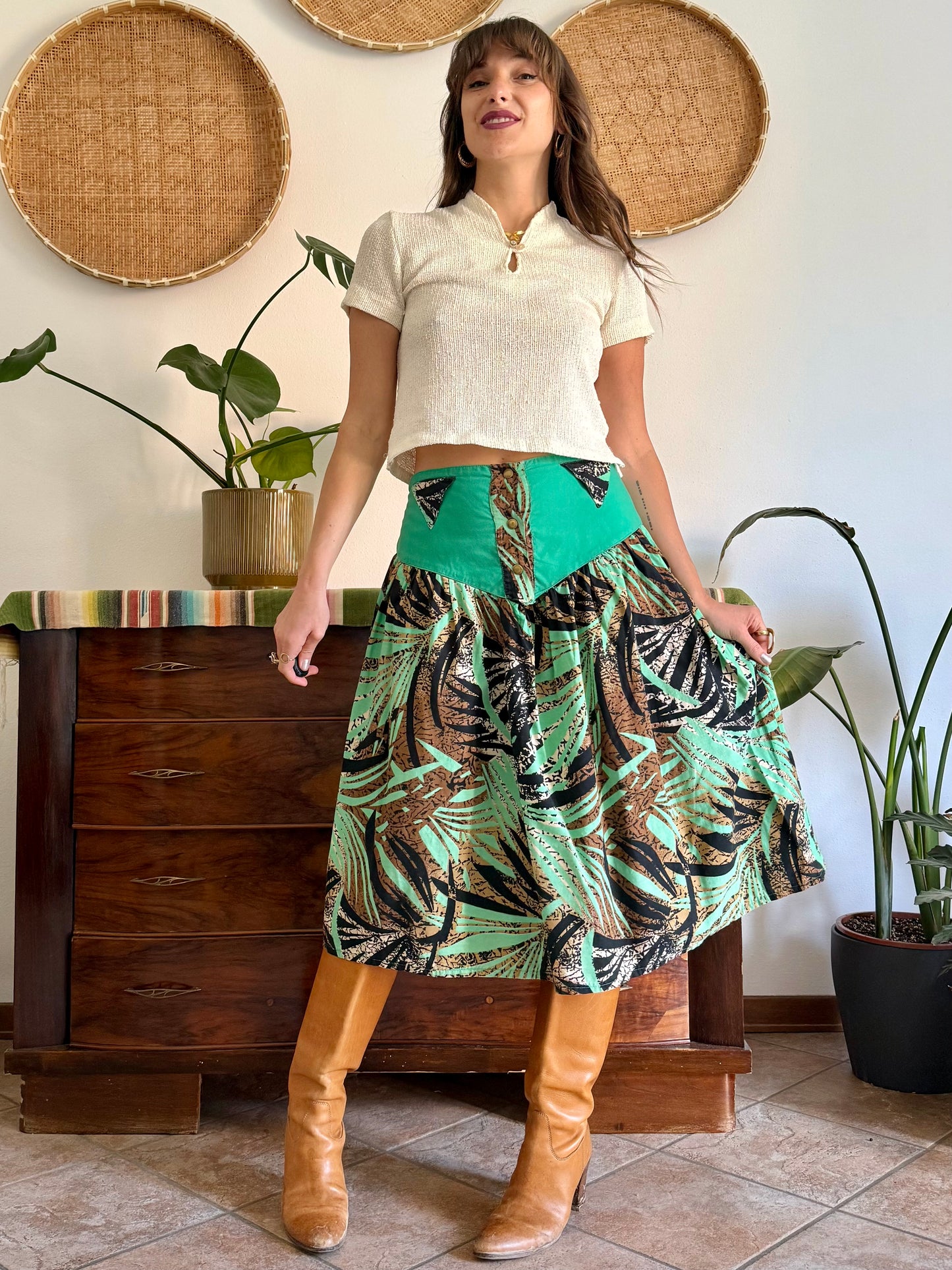 1970's vintage, turquoise, brown and black floral and botanical print midi skirt