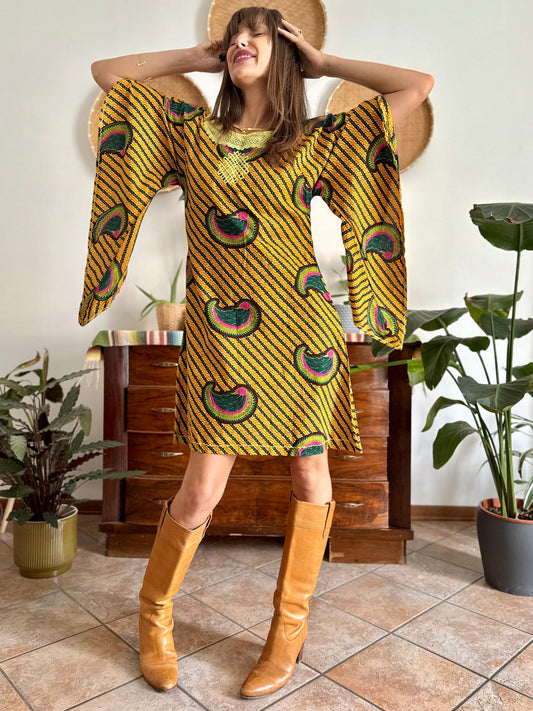 1970 vintage multicolor African print mini dress with bell sleeves