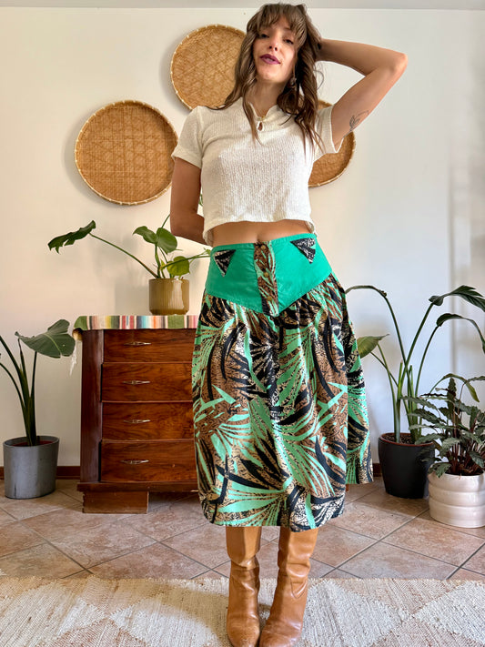 1970's vintage, turquoise, brown and black floral and botanical print midi skirt