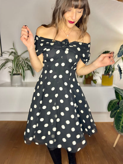 1980's vintage black and white polkadot off the shoulder ruffle mini dress