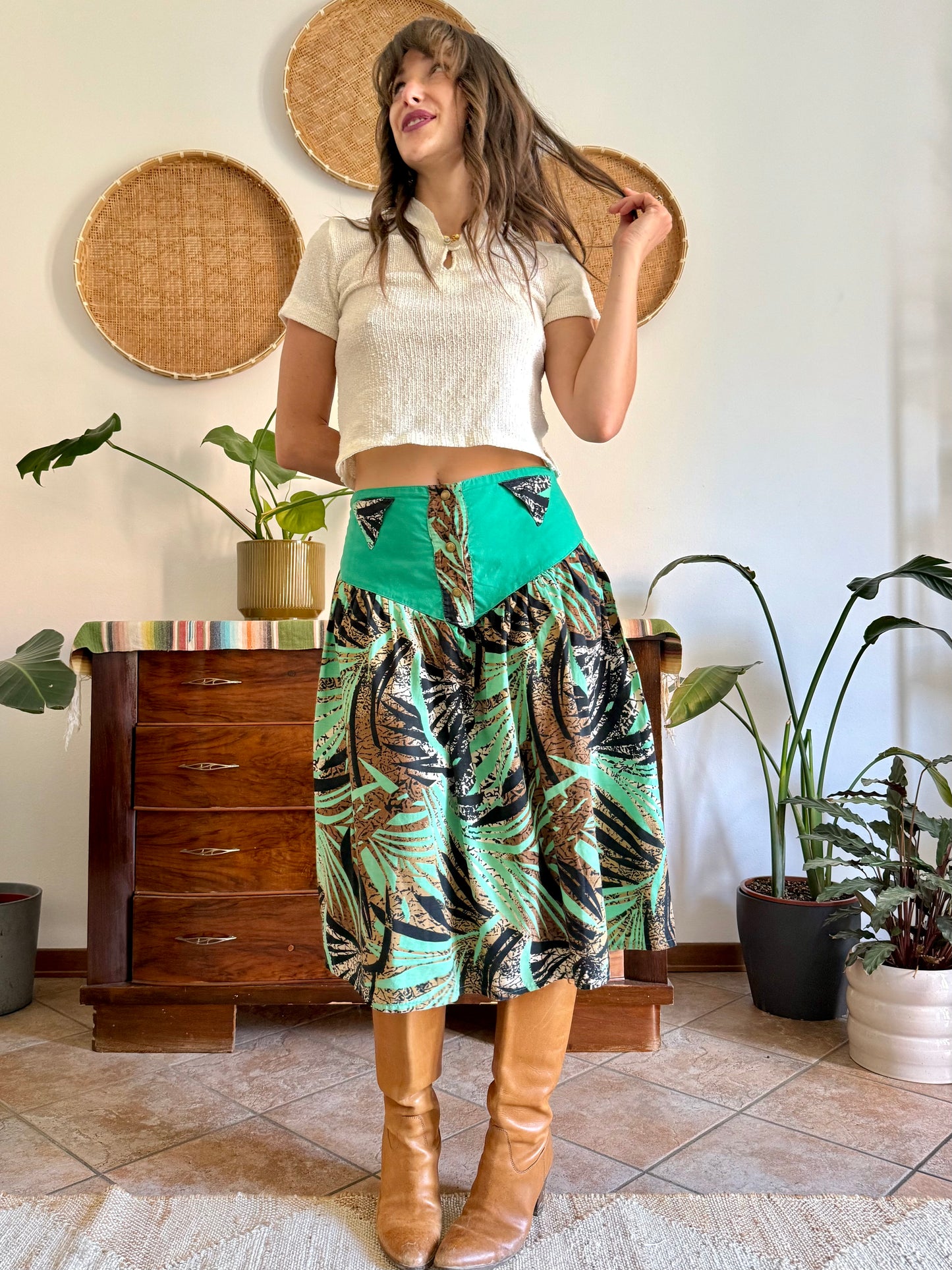 1970's vintage, turquoise, brown and black floral and botanical print midi skirt