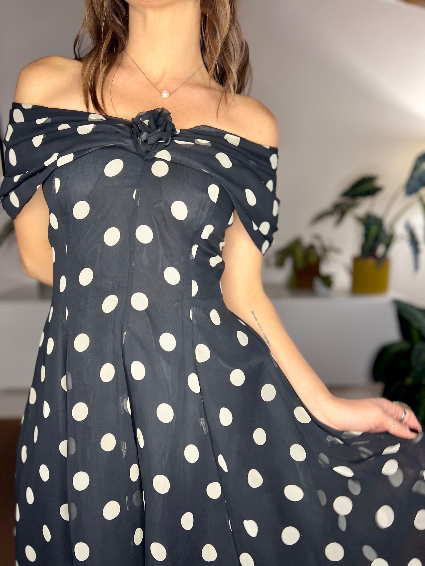 1980's vintage black and white polkadot off the shoulder ruffle mini dress