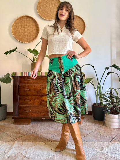 1970's vintage, turquoise, brown and black floral and botanical print midi skirt