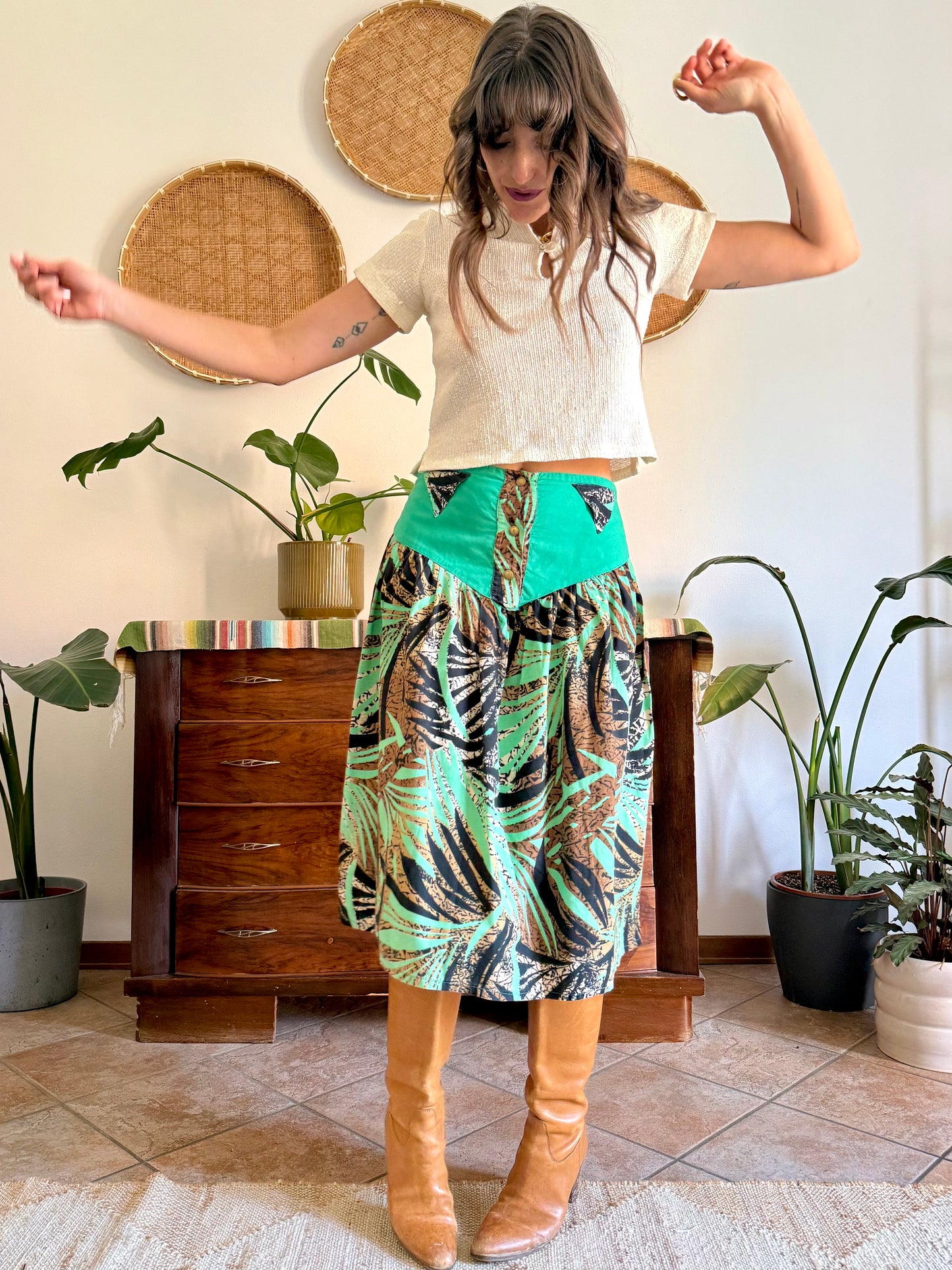 1970's vintage, turquoise, brown and black floral and botanical print midi skirt