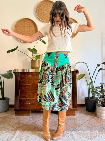 1970's vintage, turquoise, brown and black floral and botanical print midi skirt
