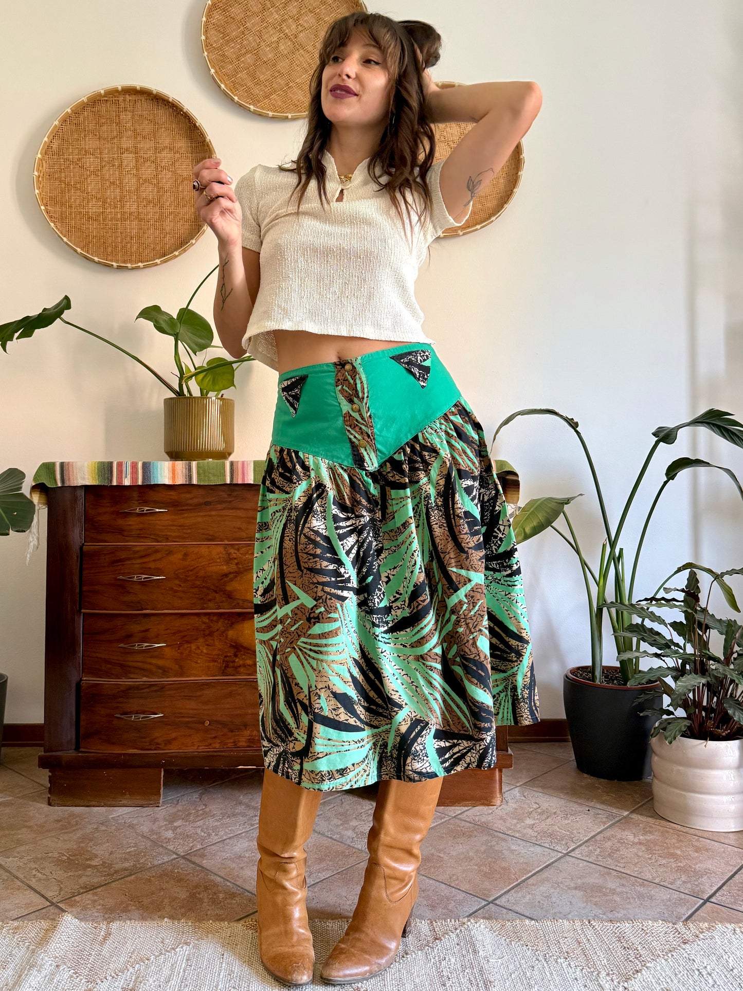 1970's vintage, turquoise, brown and black floral and botanical print midi skirt