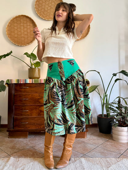 1970's vintage, turquoise, brown and black floral and botanical print midi skirt