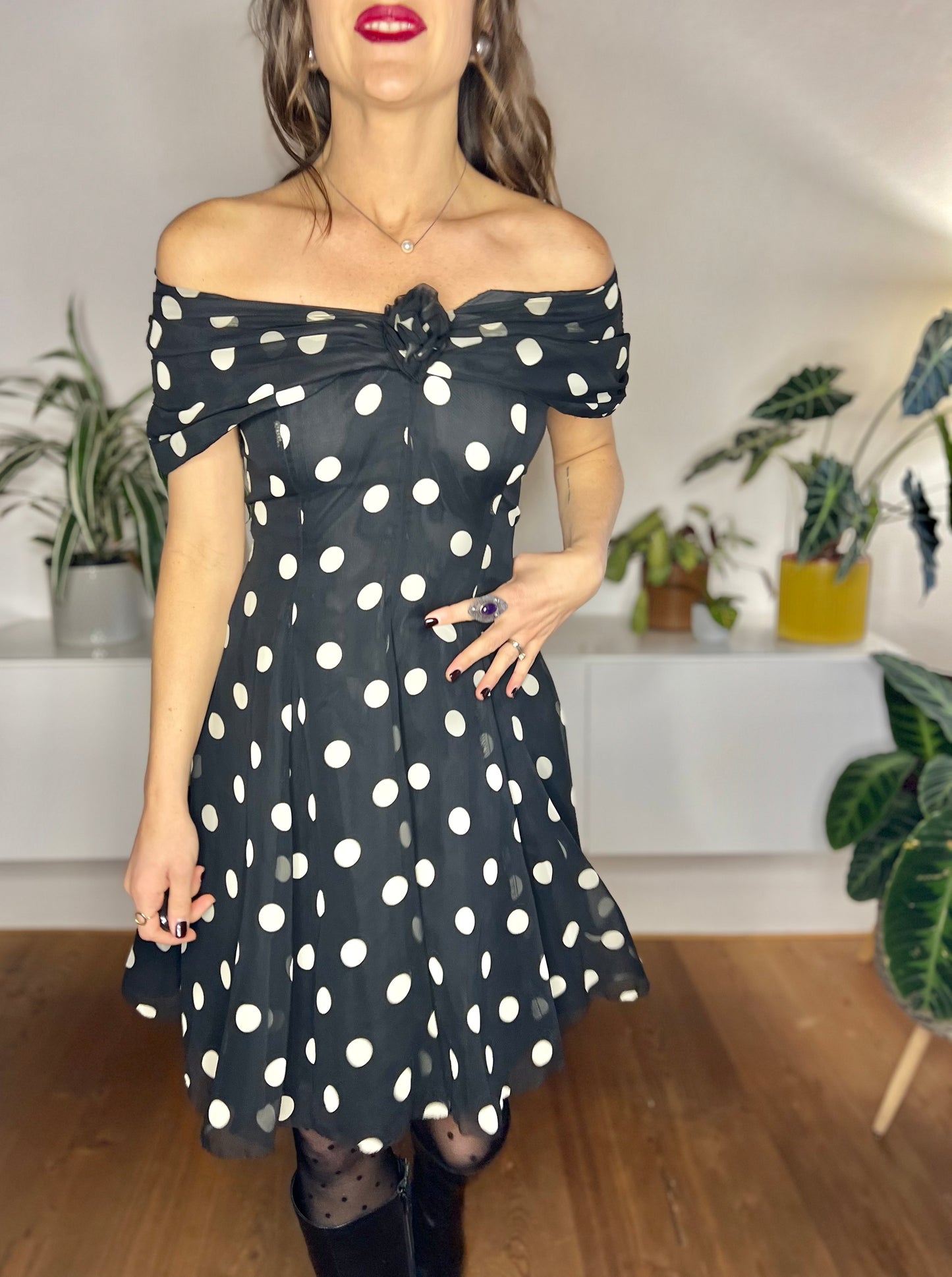 1980's vintage black and white polkadot off the shoulder ruffle mini dress