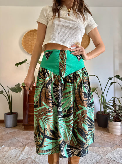 1970's vintage, turquoise, brown and black floral and botanical print midi skirt