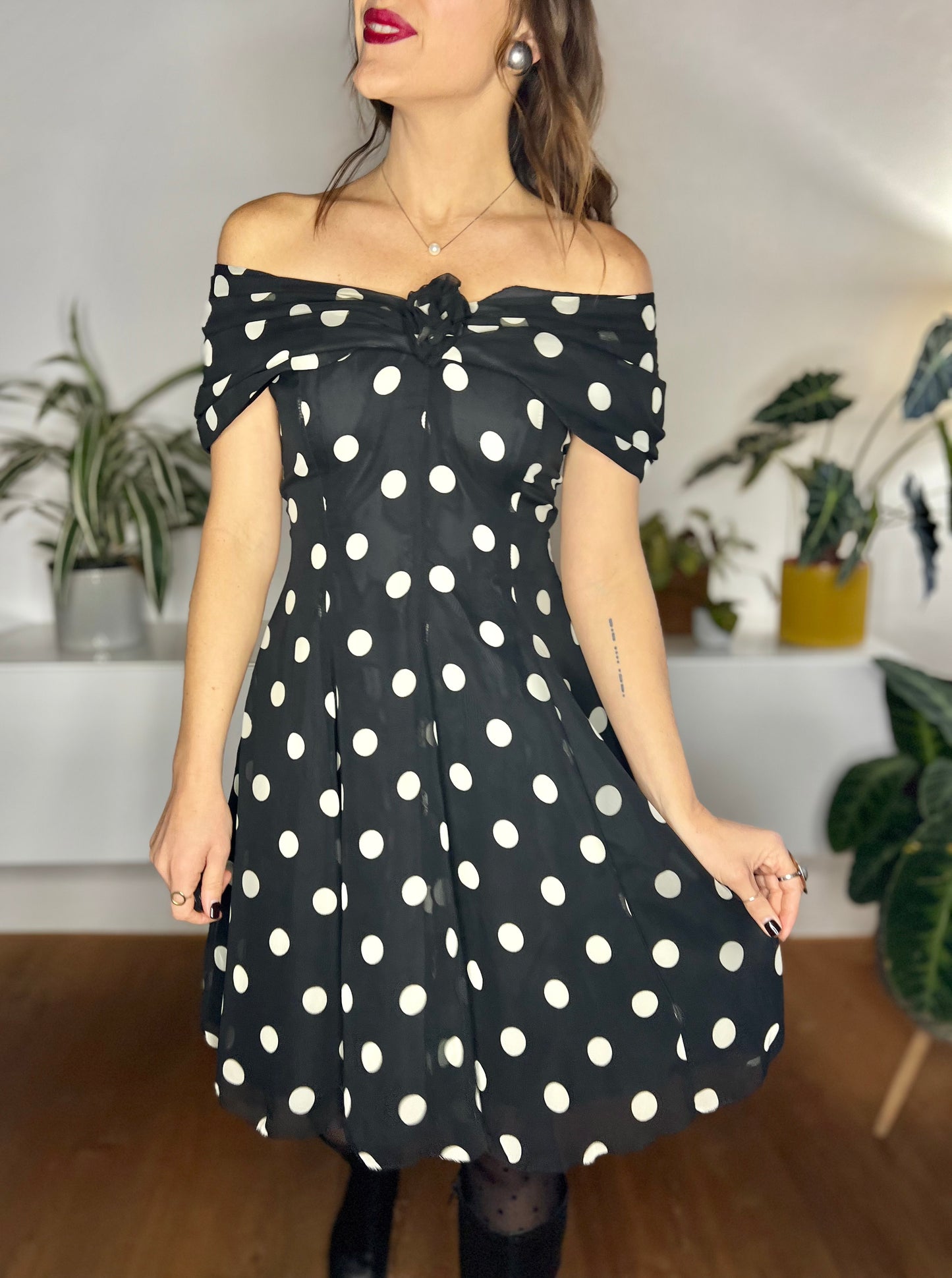 1980's vintage black and white polkadot off the shoulder ruffle mini dress