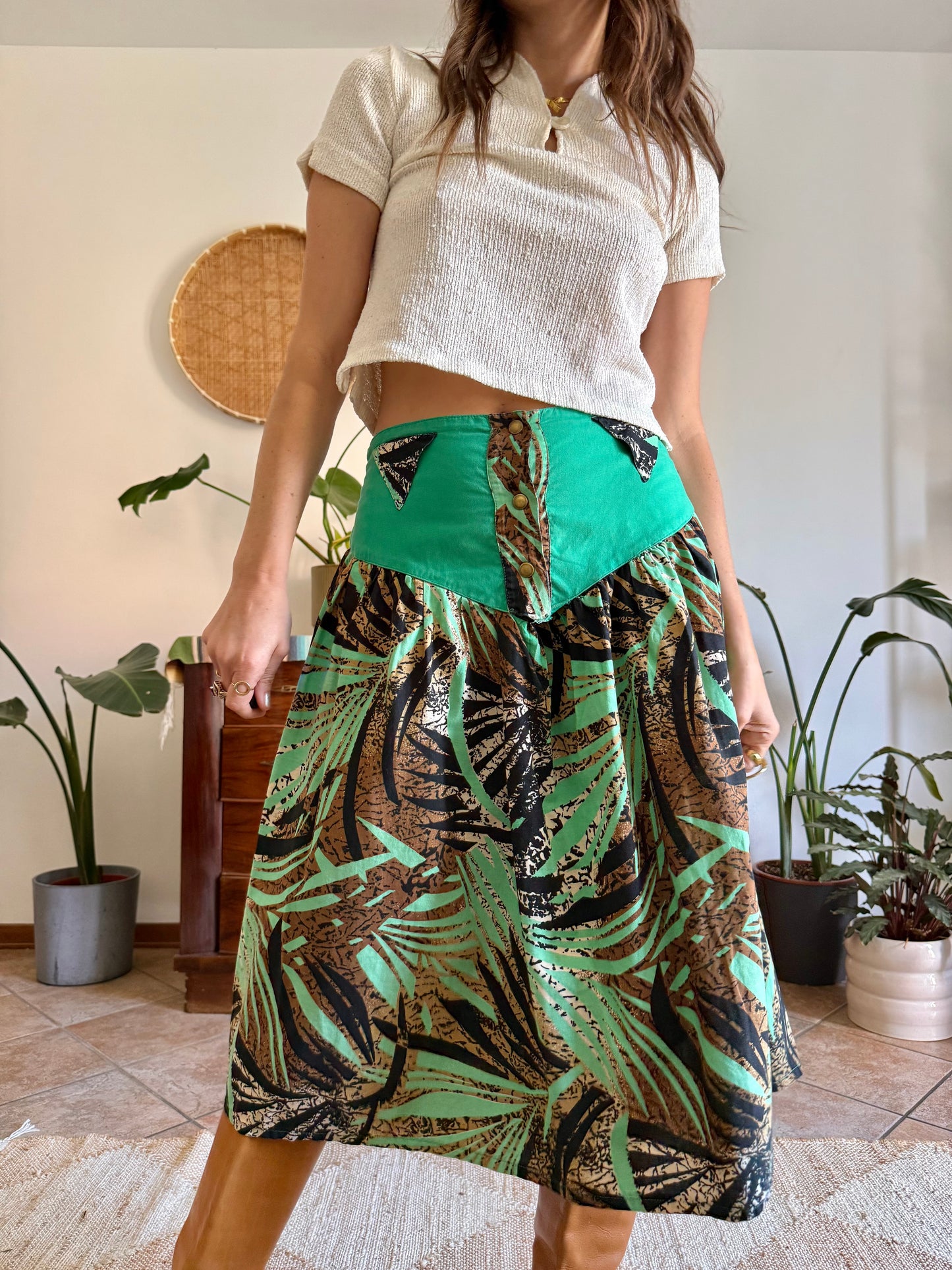 1970's vintage, turquoise, brown and black floral and botanical print midi skirt