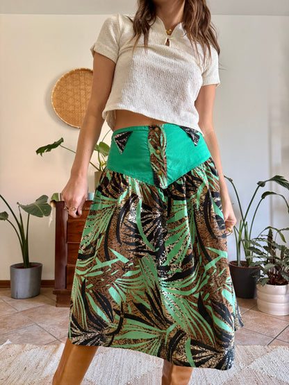 1970's vintage, turquoise, brown and black floral and botanical print midi skirt
