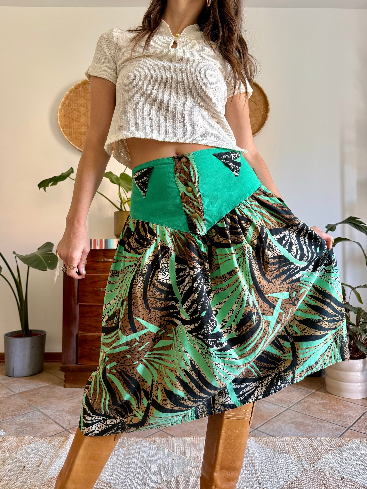 1970's vintage, turquoise, brown and black floral and botanical print midi skirt