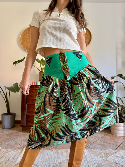 1970's vintage, turquoise, brown and black floral and botanical print midi skirt