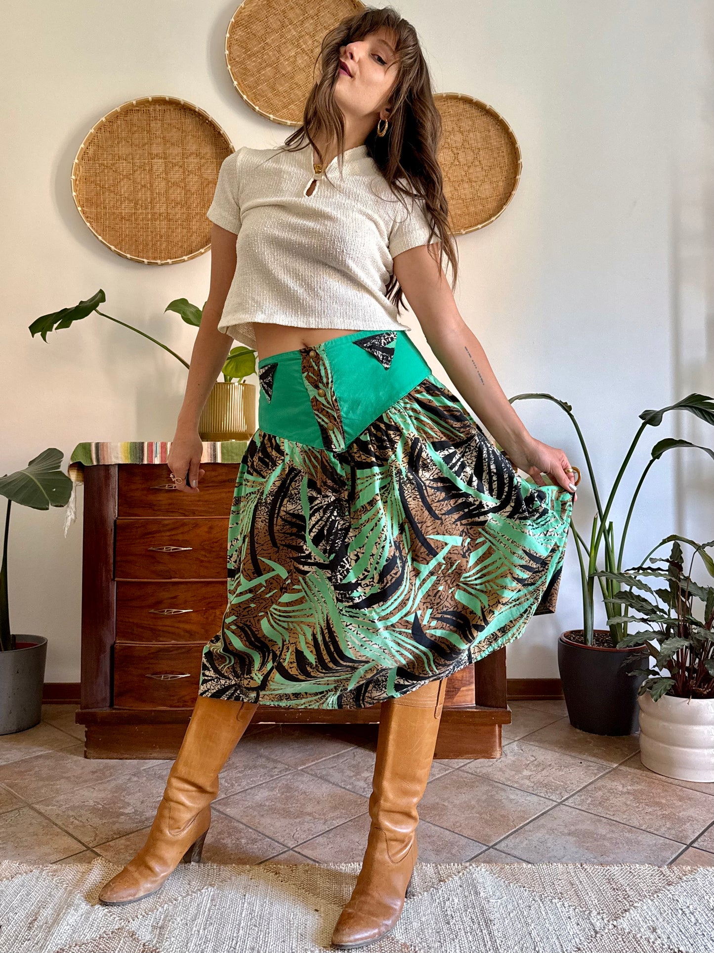 1970's vintage, turquoise, brown and black floral and botanical print midi skirt