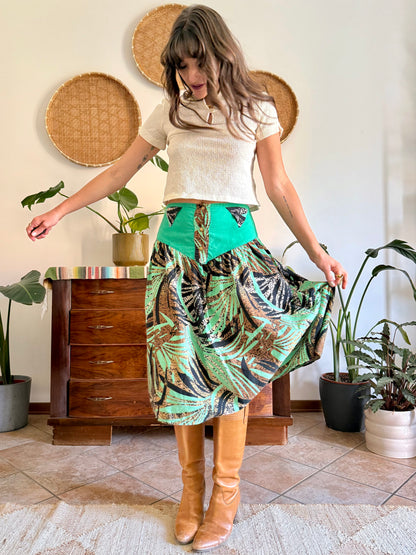 1970's vintage, turquoise, brown and black floral and botanical print midi skirt