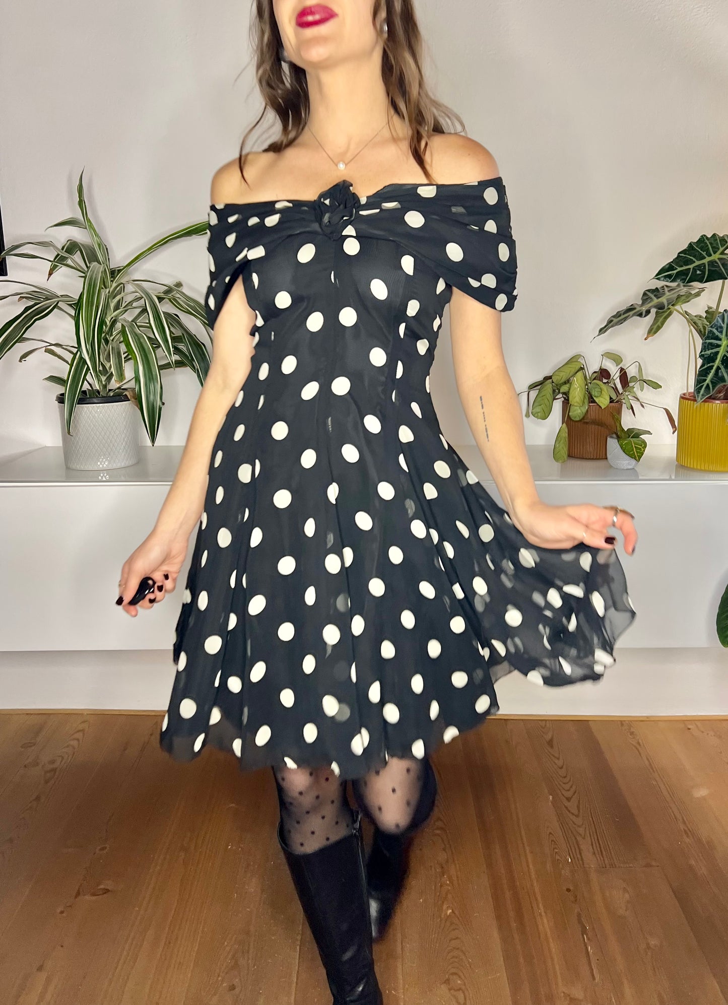 1980's vintage black and white polkadot off the shoulder ruffle mini dress