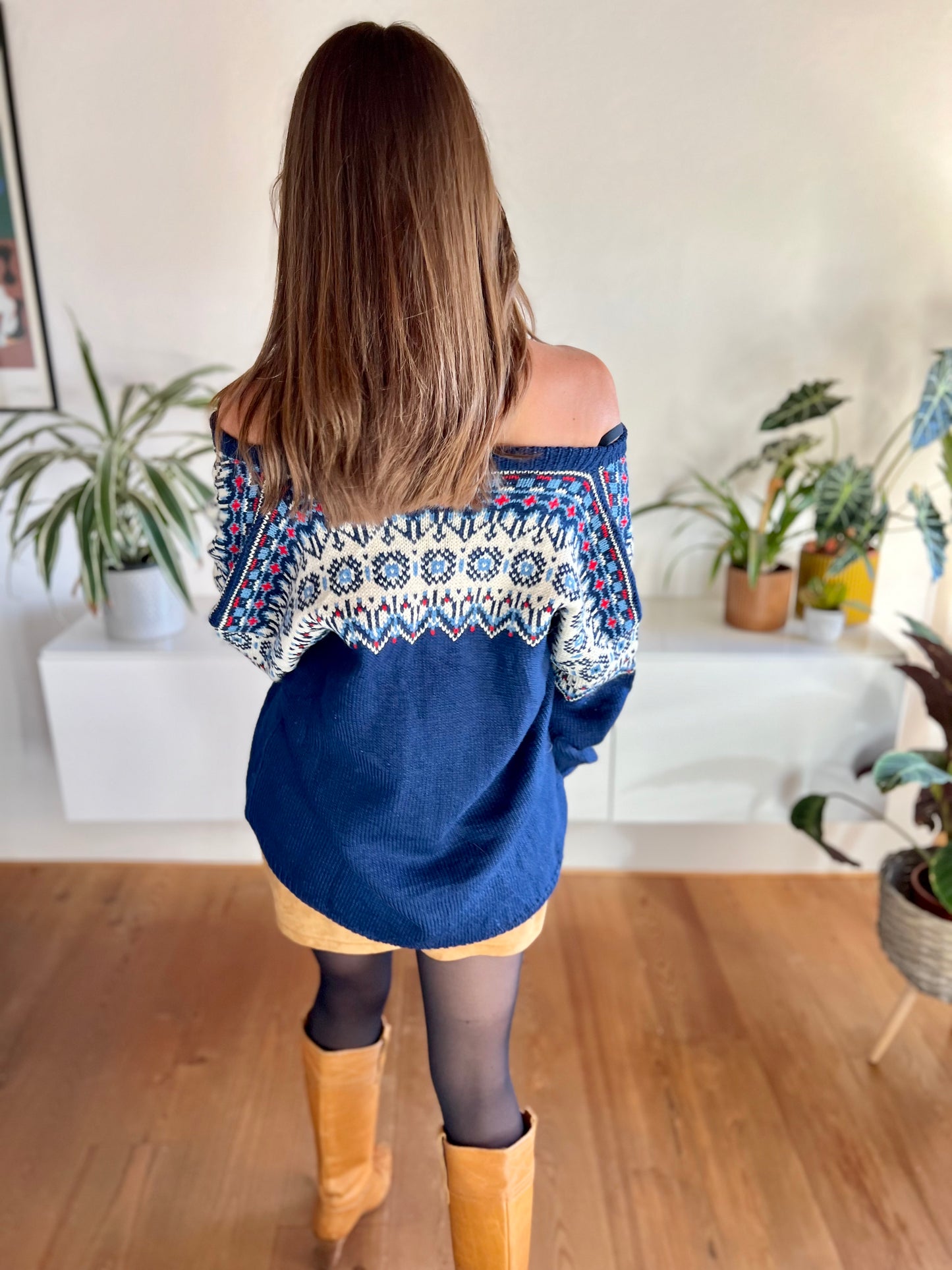 1970's vintage blue and red hand knit wool cardigan