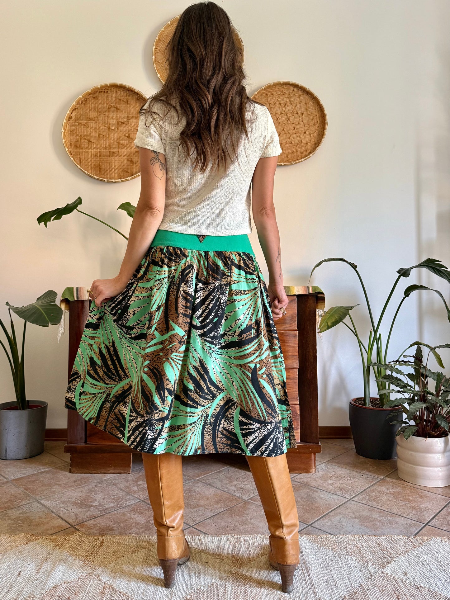 1970's vintage, turquoise, brown and black floral and botanical print midi skirt