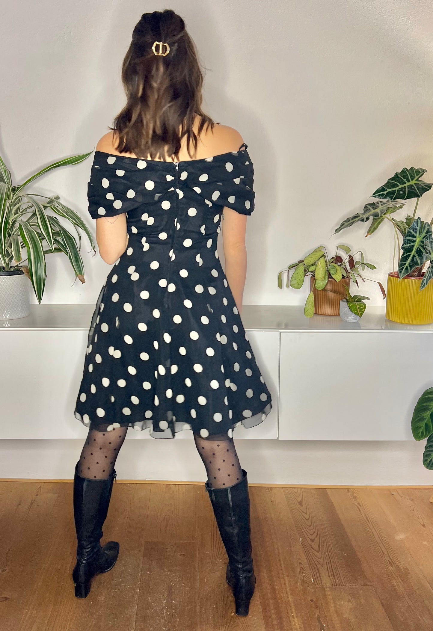 1980's vintage black and white polkadot off the shoulder ruffle mini dress