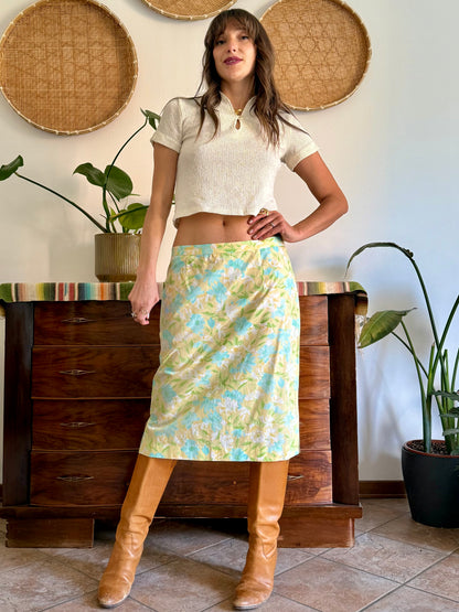 1960's vintage turquoise, yellow and green floral skirt and shirt set