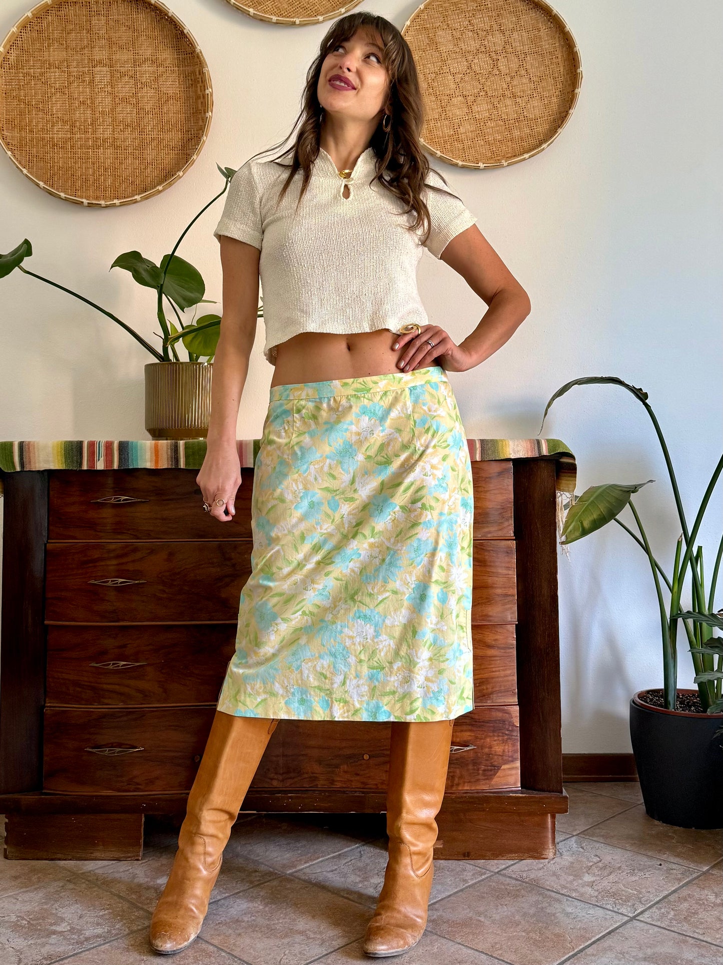 1960's vintage turquoise, yellow and green floral skirt and shirt set
