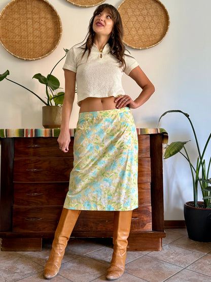 1960's vintage turquoise, yellow and green floral skirt and shirt set
