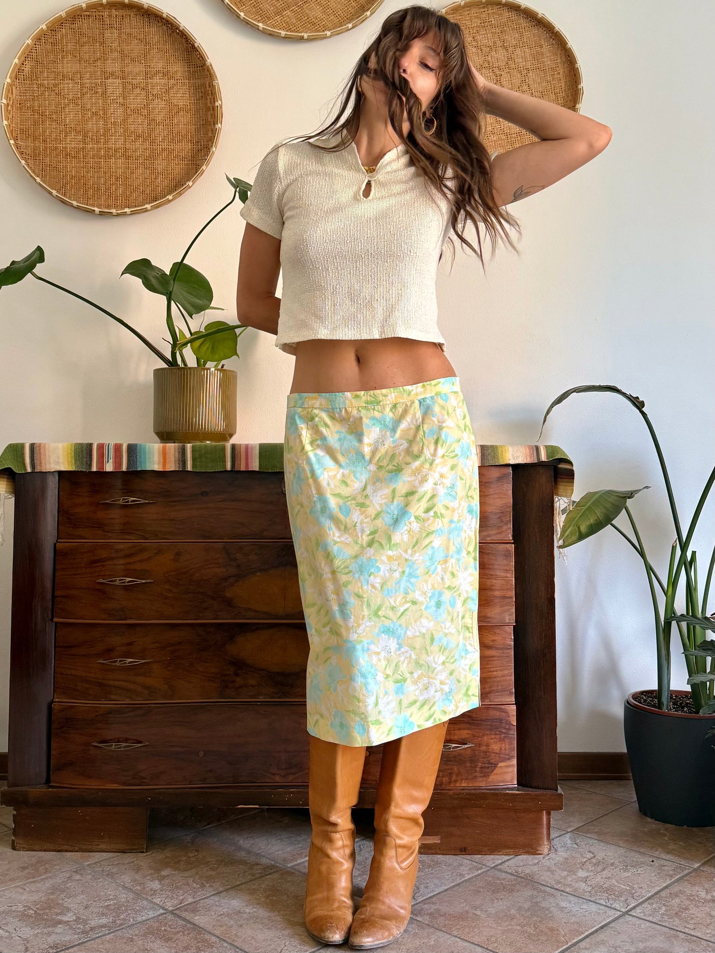 1960's vintage turquoise, yellow and green floral skirt and shirt set