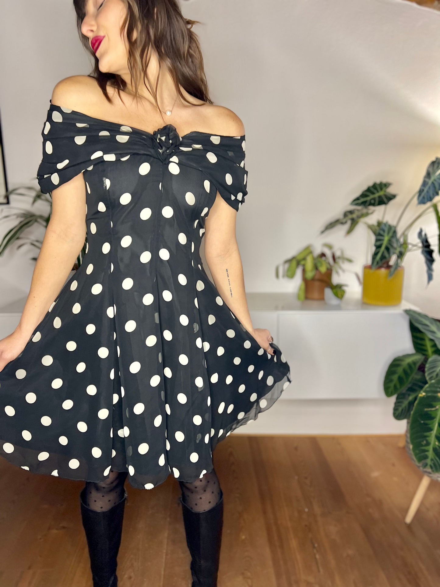 1980's vintage black and white polkadot off the shoulder ruffle mini dress