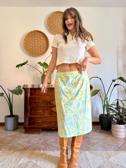 1960's vintage turquoise, yellow and green floral skirt and shirt set