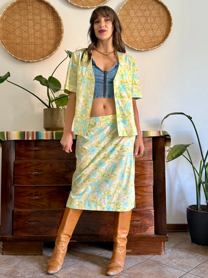 1960's vintage turquoise, yellow and green floral skirt and shirt set