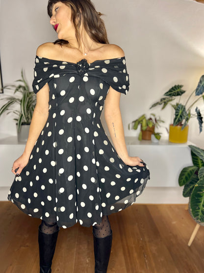 1980's vintage black and white polkadot off the shoulder ruffle mini dress