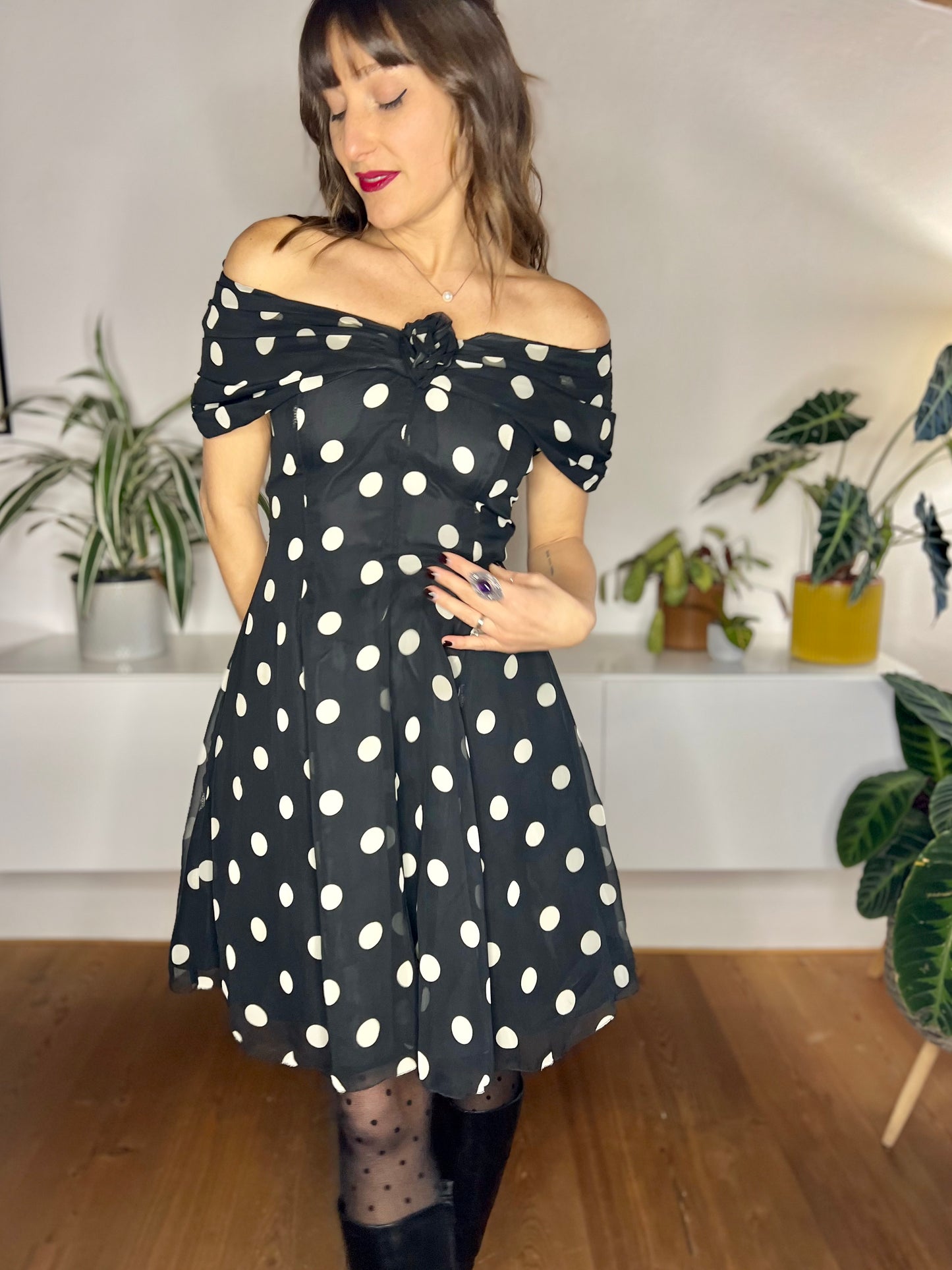 1980's vintage black and white polkadot off the shoulder ruffle mini dress