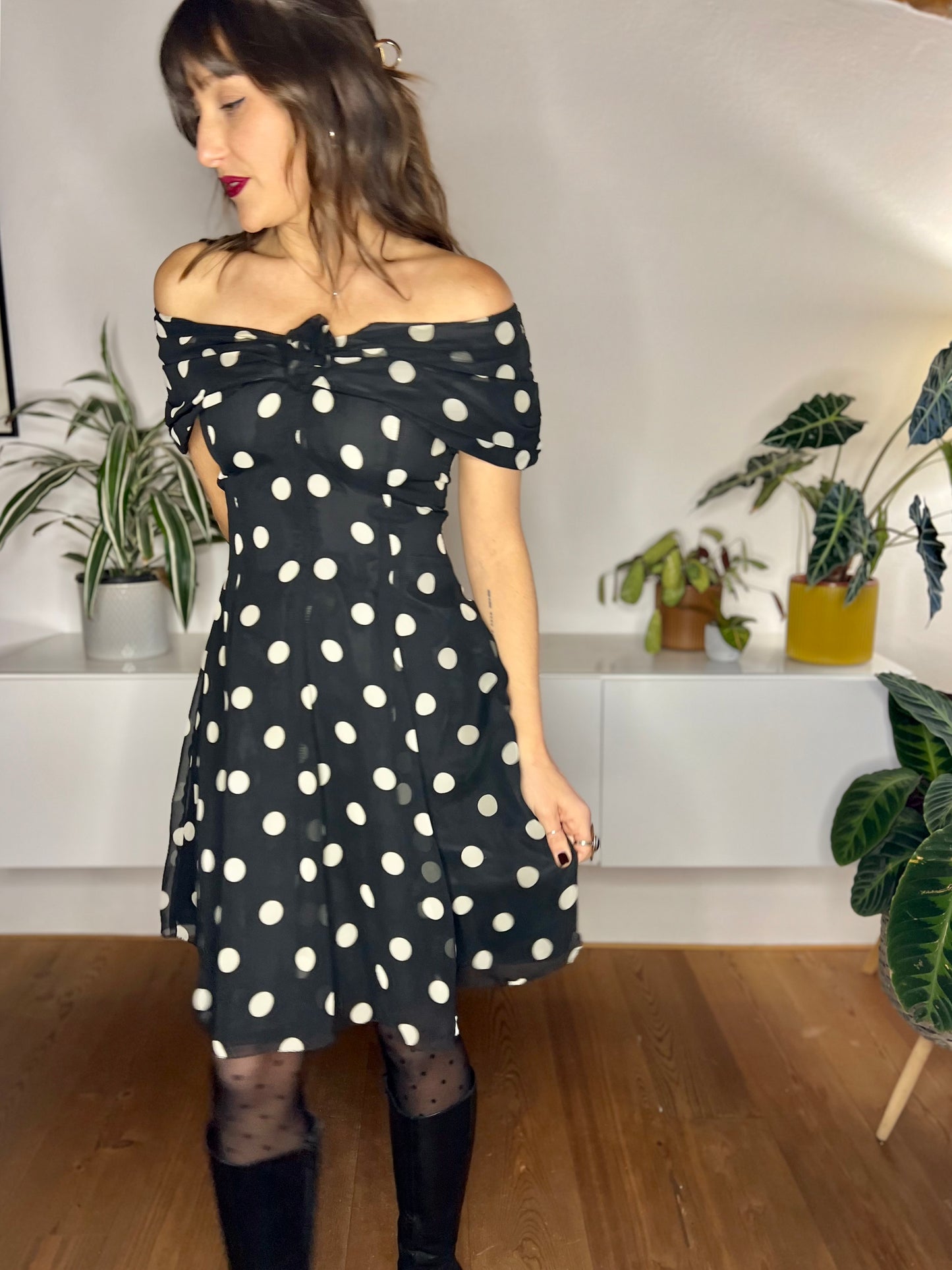 1980's vintage black and white polkadot off the shoulder ruffle mini dress