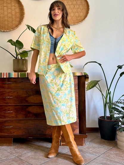 1960's vintage turquoise, yellow and green floral skirt and shirt set