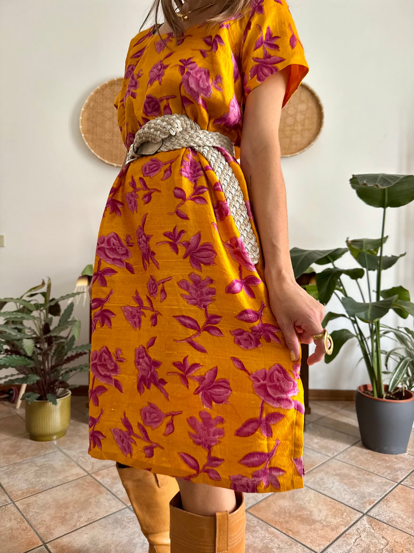 1970's vintage yellow raw silk with fuchsia floral print