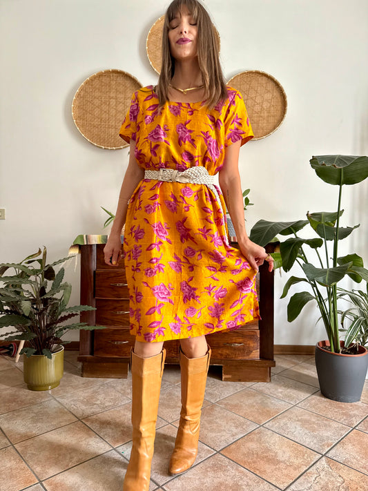 1970's vintage yellow raw silk with fuchsia floral print