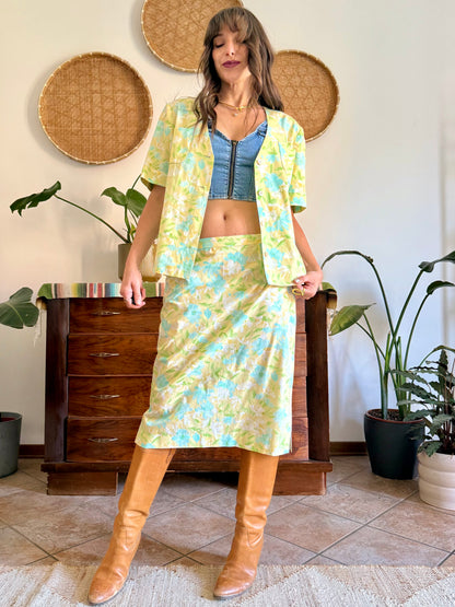 1960's vintage turquoise, yellow and green floral skirt and shirt set